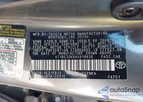 2004 Toyota Camry Le z USA, uszkodzony, nr VIN 4T1BE32K84U918826